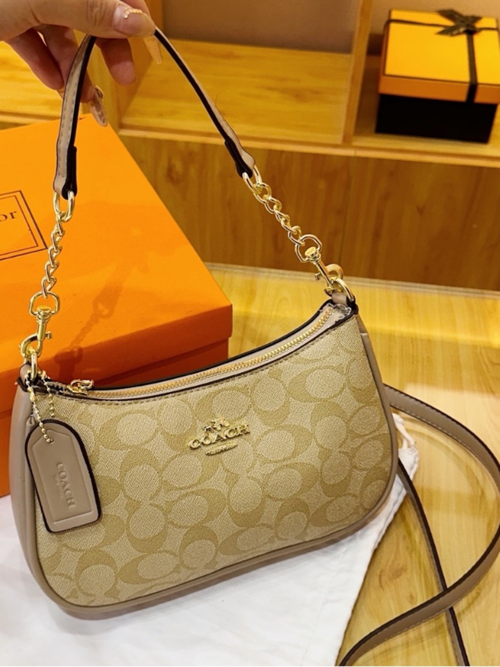 Coach Beige Signature Canvas Shoulder Bag with Gold Hardware